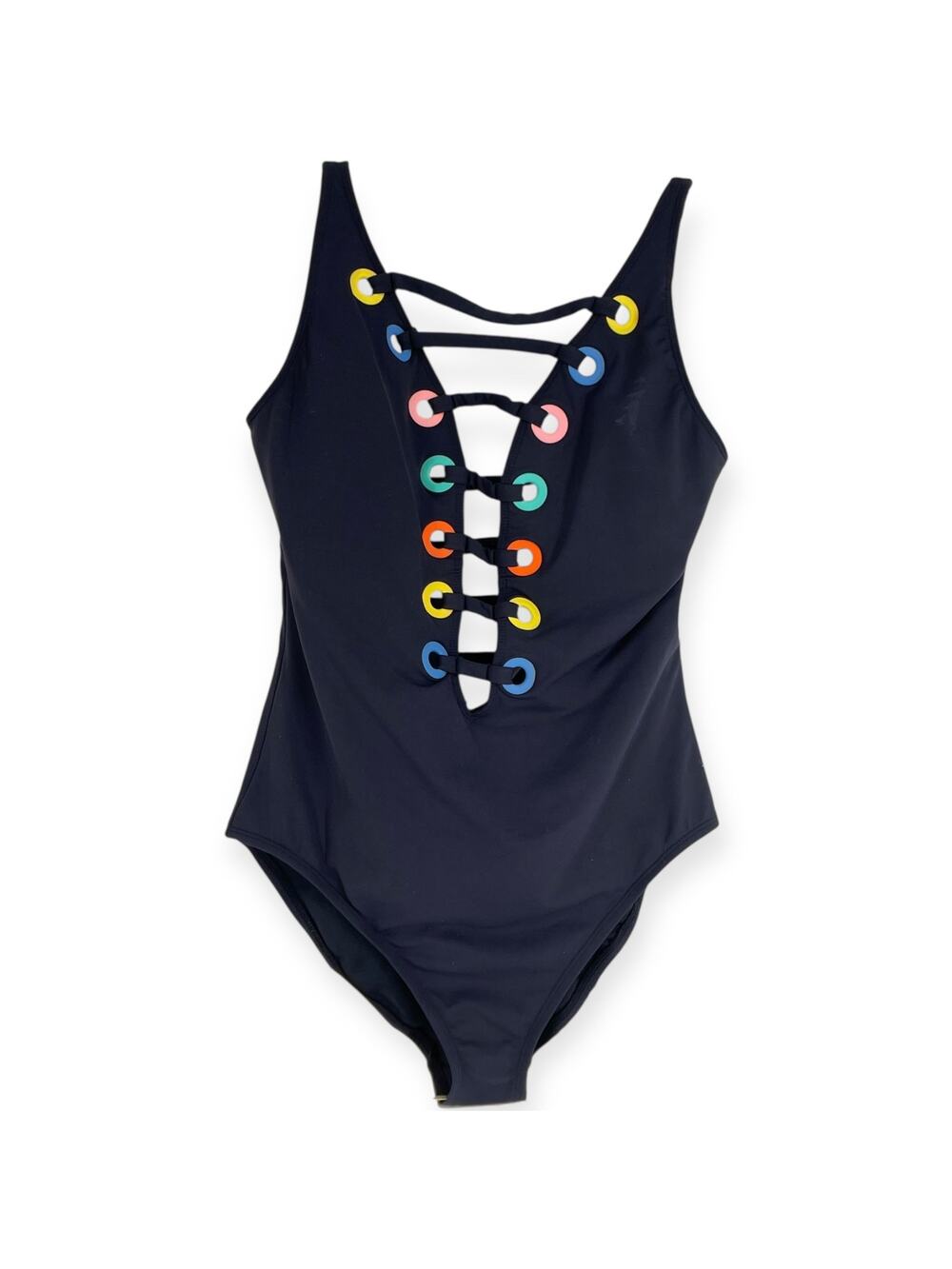 Bleu Rod Beattie Mio Black Rainbow Lattice Criss Cross Plunge Cut Out Swimsuit 6